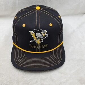 Vintage Pittsburgh Penguins Hat Cap Snap Back Mens Black Yellow‎ NHL Hockey Rope